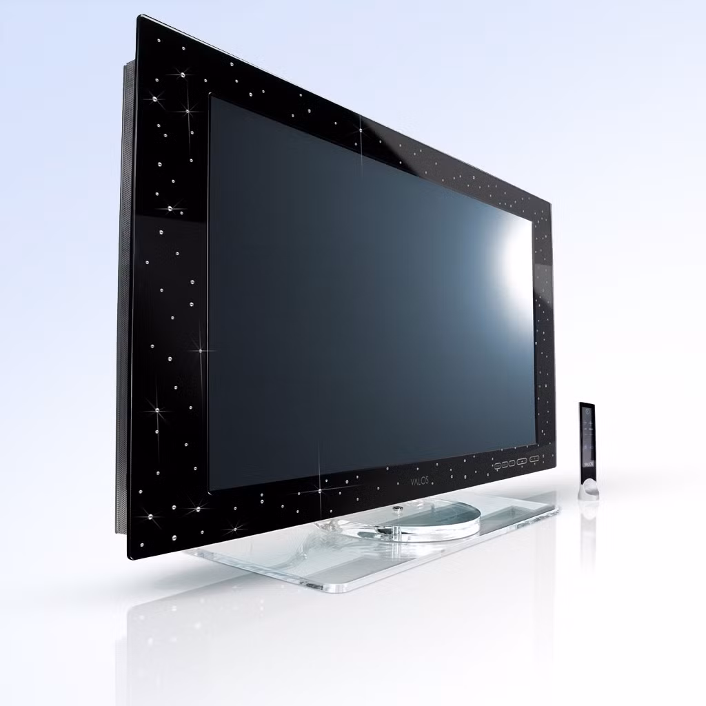 Yalos Diamond TV là chiếc TV đắt nhất thế giới khi ra mắt năm 2006. Xung quanh màn hình 46 inch, độ phân giải HD của TV được mạ vàng trắng, đính 160 viên kim cương. Giá của thiết bị là 140.000 USD. Ảnh: Keymat Technologies.