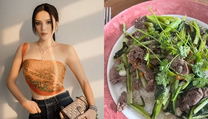 Kỳ Duyên mang tới gợi ý món healthy, đầy đủ dinh dưỡng là miến trộn thịt bò rau cải. Nguyên liệu chính của món ăn này gồm miến, thịt bò và rau. Cô không xào miến mà chỉ luộc cho chín, thịt thăn bò thái mỏng, xào sơ với rau cải ngồng. Món ăn này không chỉ giúp làm đẹp da mà còn phát triển cơ bắp và giảm cân.