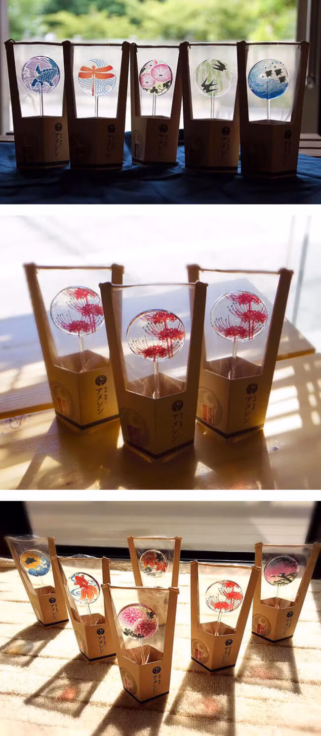 Mỗi cây kẹo mút Uchiwa là một cảnh sắc ở Nhật Bản trong một hình tròn trong suốt và được đóng gói trong thùng nước bằng giấy nhỏ mô phỏng gỗ anh đào.