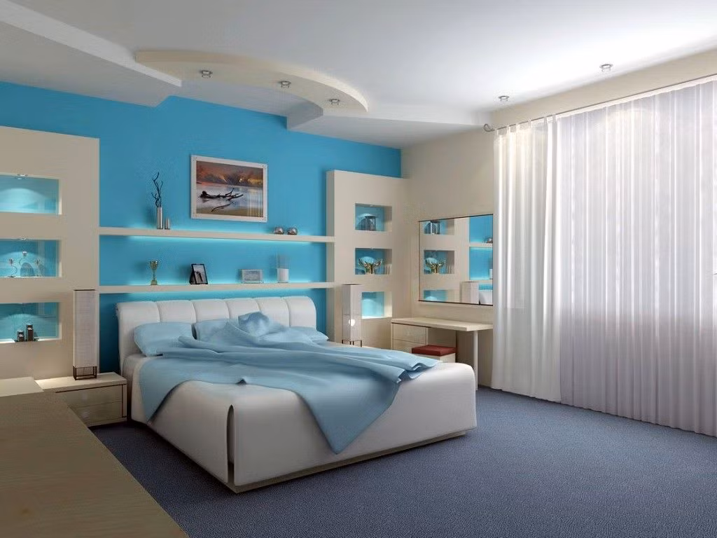 Với cung Nhân Mã, có thể kết hợp đa dạng giữa màu sắc và hình khối khi trang trí giường ngủ. Màu xanh nước biển tượng trưng cho sự sống động sẽ phù hợp với tính cách muốn khám phá của chủ nhân. Ảnh: Austin Elite Home Design. (Bài viết chỉ mang tính chất tham khảo, cung cấp nội dung mang tính trắc nghiệm vui cho bạn đọc).