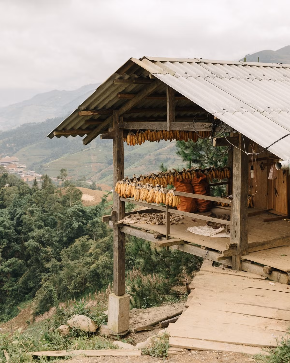 Phơi ngô ở ngôi nhà sàn làng Chế Cu Nha, Yên Bái