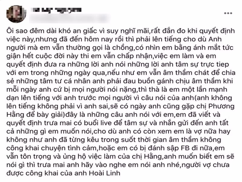 Trên trang cá nhân, Hà My cho biết, cô sẽ lên tiếng thay cho Hoài Linh dù cho anh có giận hay từ mặt cô. Sau đó, chia sẻ trên Saostar, nữ ca sĩ cho hay, có những khúc mắc bên trong nên Hoài Linh không lên tiếng được. Về bà Phương Hằng, Hà My cho rằng nữ doanh nhân này không sai vì bà cũng không biết được nội tình.