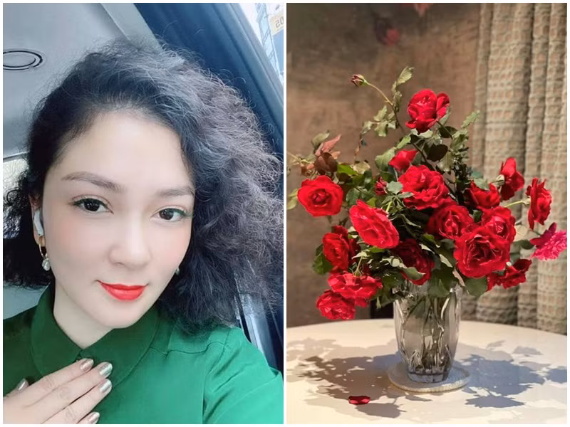 Nguyễn Thị Huyền trổ tài cắm hoa hồng được hái từ vườn nhà.