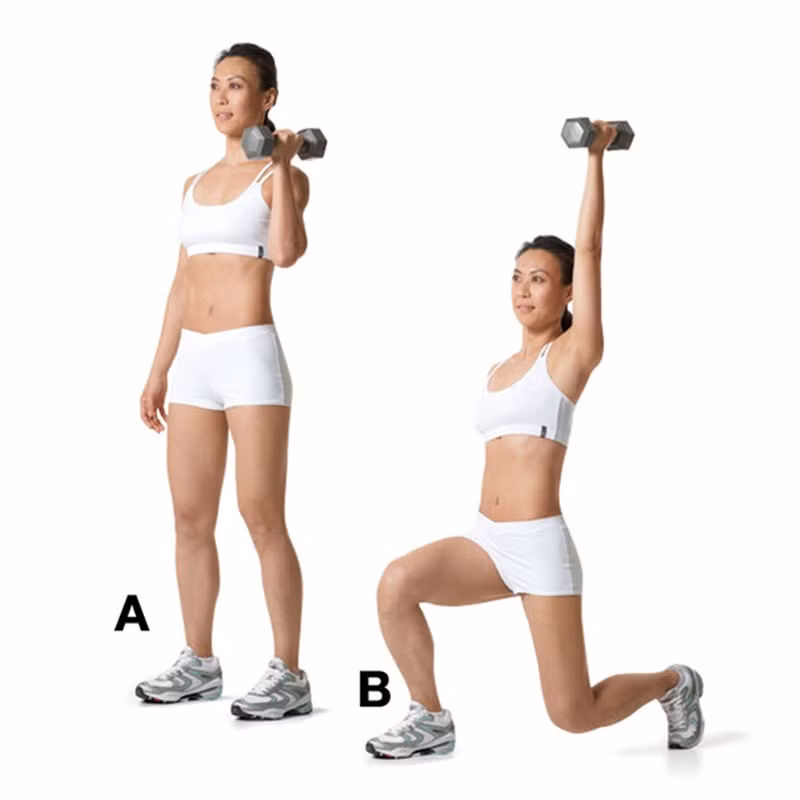 Động tác 8 (nâng cao): Giãn cơ với từng cánh tay: Nâng một quả tạ khoảng 2-5kg bằng tay trái, nhấc lên ngang vai, lòng bàn tay hướng vào trong (A). Chân trái bước lùi một bước, hạ thấp thân người xuống đến khi đầu gối phải tạo một góc vuông với mặt sàn, đầu gối trái gần chạm mặt sàn, tay trái đẩy tạ thẳng lên trên đầu, tay phải chống nạnh, không gù lưng (B). Đứng thẳng về tư thế ban đầu, hạ tạ xuống ngang vai. Thực hiện lặp lại khoảng 10-15 lần rồi đổi bên. Các lưu ý: Để tăng hiệu quả đốt cháy mỡ thừa cho mỗi lần tập, giữa các động tác hãy nghỉ 30 giây, đến khi hoàn thành toàn bộ 8 động tác thì nghỉ 1 phút rồi lại tập lại từ đầu. Liệu trình luyện tập được khuyến nghị sẽ là: Tuần đầu tiên: Tập tăng cường trong 1 phút, tập thả lỏng trong 2 phút, lặp lại 5 lần (4 động tác đầu Tuần thứ 2: Tập tăng cường trong 1 phút, tập thả lỏng trong 90 giây, lặp lại 6 lần (4 động tác đầu) Tuần thứ 3: Tập tăng cường trong 1 phút, tập thả lỏng trong 1 phút, lặp lại 8 lần (4 động tác đầu) Tuần thứ 4: Tập tăng cường trong 1 phút, tập thả lỏng trong 1 phút, lặp lại 10 lần (cả 8 động tác) Tuần thứ 5: Tập tăng cường trong 75 giây, tập thả lỏng trong 1 phút, lặp lại 10 lần (cả 8 động tác) Tuần thứ 6: Tập tăng cường trong 90 giây, tập thả lỏng trong 1 phút, lặp lại 10 lần (cả 8 động tác)