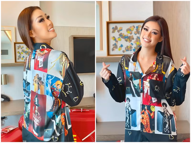 Mới đây, Khánh Vân khoe mặc áo in hình trang phục dân tộc của các đại diện Việt Nam tại Hoa hậu Hoàn vũ Thế giới.