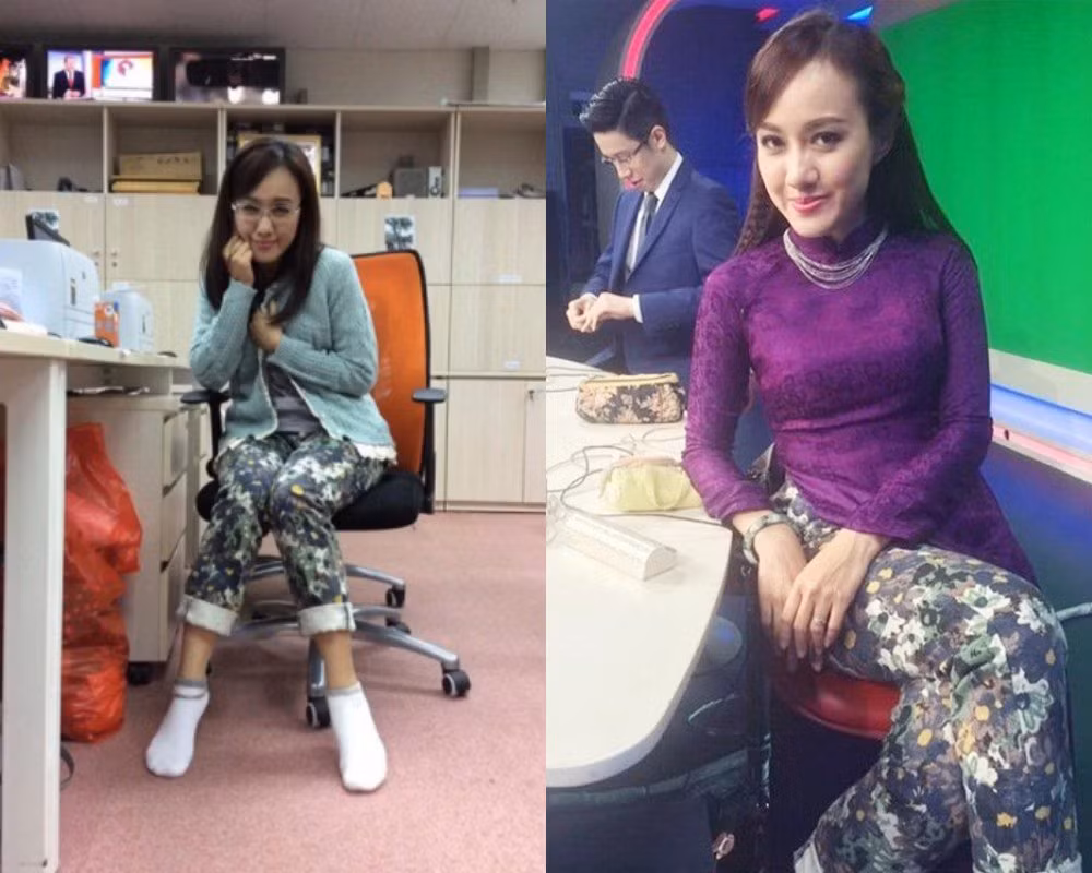 Cựu biên tập viên Hoài Anh cũng từng lộ ảnh hậu trường khi trời quá lạnh, cô vẫn diện áo dài nhưng không thay quần lụa mà mặc quần dài để giữ ấm cơ thể.