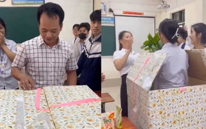 Nhiều bạn học sinh còn bắt trend hộp mù để tặng thầy cô giáo của mình món quà đầy bất ngờ. (Ảnh: Tổng hợp Tiktok)