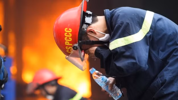 Một người lính cứu hỏa bị cay mắt khi làm nhiệm vụ. Nguồn ảnh: Tuổi Trẻ.