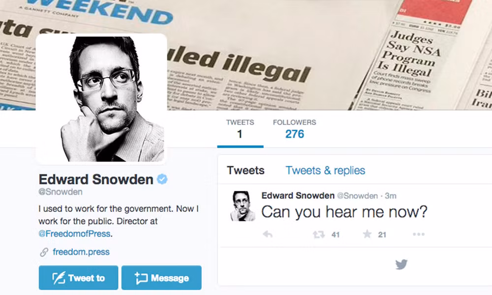 Snowden viết trên Twitter cuar mình: "Trong vài tuần tới, tôi sẽ giải thích cách mỗi trang web theo dõi bạn và phương pháp để hạn chế mức độ thu thập dữ liệu về bạn. Nếu bạn sử dụng Facebook hay Instagram, hãy hết sức cẩn thận".