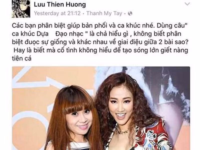 Ngoài vạ miệng, Lưu Thiên Hương cũng dính nhiều ồn ào. Năm 2016, bài hát “Dựa” của Lưu Thiên Hương bị một DJ - Producer người Ý có tên Razihel tố đạo nhạc ca khúc "Legends" của anh. Tuy nhiên, nữ ca sĩ phủ nhận. Cô cho rằng, bản phối ca khúc “Dựa” chỉ có câu dạo giống bài “Legends”. Ảnh: VTV