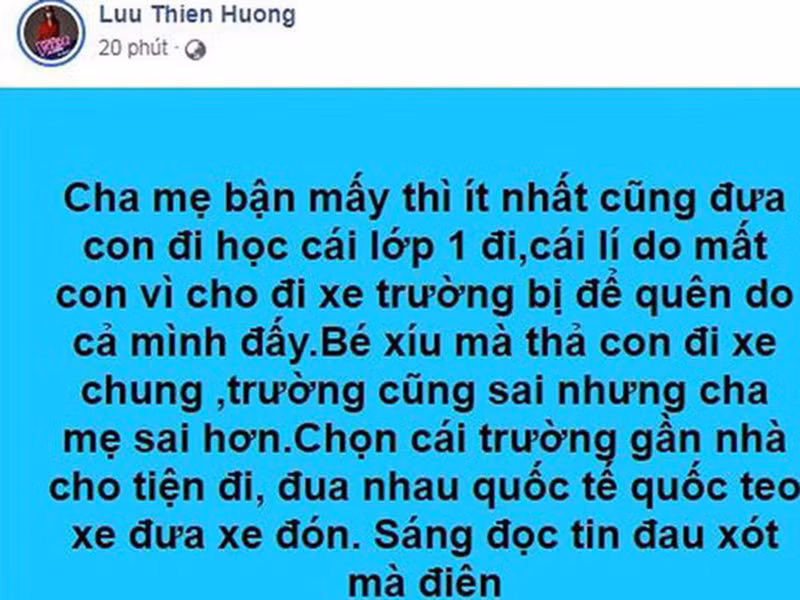 Nhiều người cho rằng Lưu Thiên Hương không nên đổ lỗi cho gia đình bé trai tử vong. Trước sự bức xúc của cư dân mạng, chị gái của Lưu Hương Giang đã phải đóng trang cá nhân.