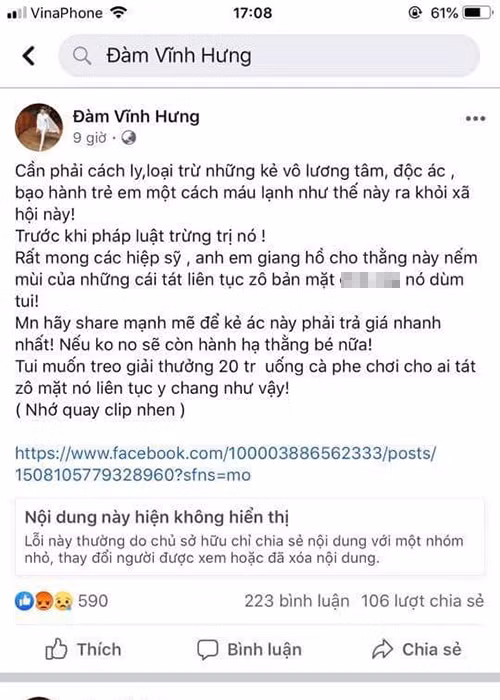 Trên trang cá nhân, Đàm Vĩnh Hưng chia sẻ clip anh Đoàn Văn Tí đồng thời tuyên bố treo thưởng 20 triệu đồng cho người nào tát vào mặt người đàn ông này. Nhanh chóng, chia sẻ của Mr Đàm gây tranh cãi trong dư luận.