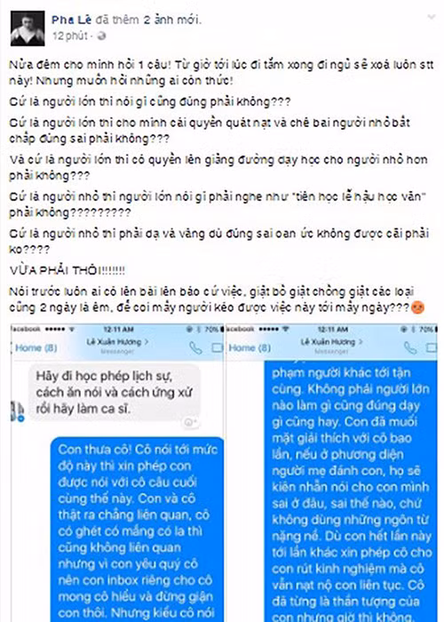 Ồn ào tiếp diễn khi nghệ sĩ Xuân Hương nhắn tin “dạy dỗ” Pha Lê: "Hãy đi học phép lịch sự, cách ăn nói và cách ứng xử rồi hãy làm ca sĩ". Ảnh: Vietnamnet