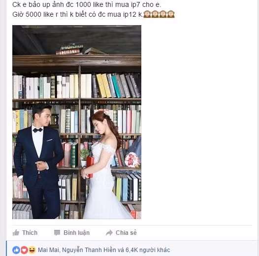 Câu chuyện tưởng đùa mà hóa ra lại là thật của đôi vợ chồng 9X thách đố nhau like ảnh cưới để được chồng tặng iPhone 7 mới đây đang là chủ đề được nhiều chị em bàn tán xôn xao. Theo như lời kêu gọi của người vợ trẻ tên N.D được chia sẻ trên diễn đàn dành cho hội phụ nữ với nội dung: “Các chị em ơi, chồng em hứa nếu em up ảnh cưới mà được 1k like thì chồng em sẽ đổi iPhone 7 cho em”.