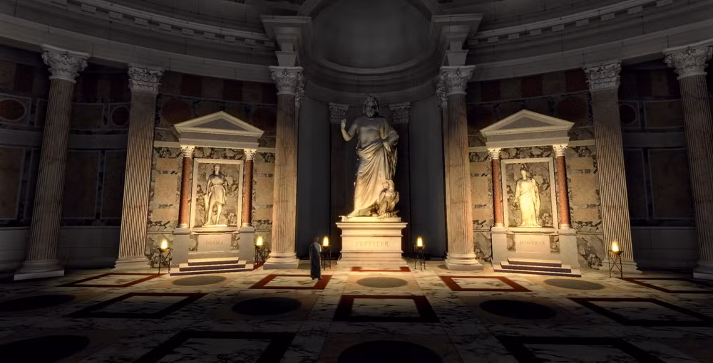 Cách bài trí bên trong Pantheon theo kiểu tối giản. Họa tiết ở bàn thờ, nhà nguyện, ở các phần mộ, cột đá đều không rườm rà hoa lá cành như bên trong các nhà thờ Thiên Chúa giáo khác. Nền lát bằng đá hoa cương bóng loáng, ghép nhiều loại đá nhiều kiểu vân và màu sắc đa dạng rất ấn tượng.