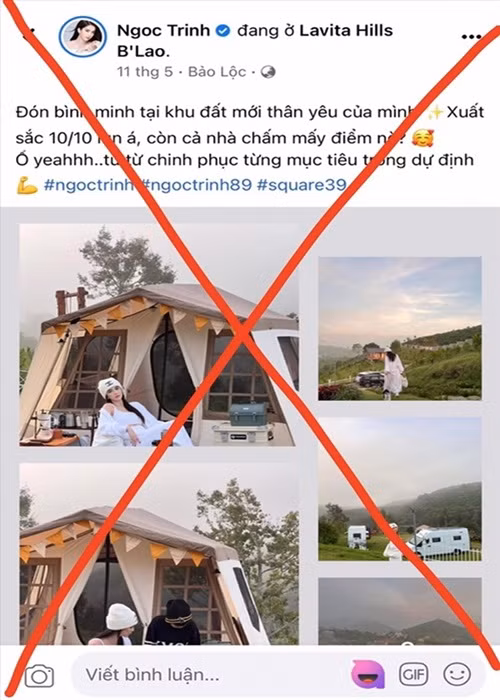 Tháng 5/2022, Ngọc Trinh vướng ồn ào “nổ” mua đất ở Bảo Lộc, Lâm Đồng sau khi lãnh đạo TP Bảo Lộc cho biết, không có ai tên là Trần Thị Ngọc Trinh (người mẫu Ngọc Trinh) sở hữu 11 ha đất tại xã Đại Lào làm homestay. Giữa ồn ào, Ngọc Trinh cho biết, chủ đất là quản lý của cô - Minh Phương. Ảnh: Lao động