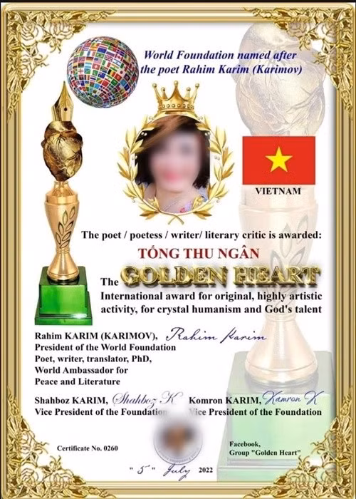 Bà Ngân đăng tải ảnh chụp một bằng khen in tên mình. Ảnh: FBNV