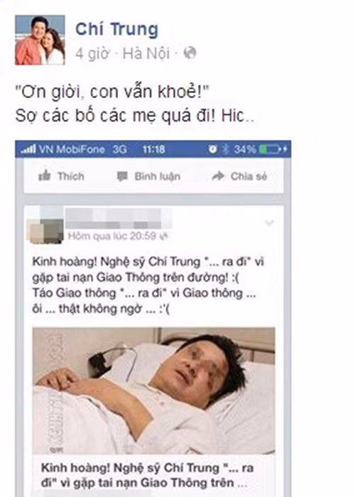Năm 2015, hình nghệ sĩ Chí Trung nhập viện do tai nạn giao thông bị kẻ xấu cắt ghép để thêu dệt nên câu chuyện độc địa. Ngay lập tức, “Táo giao thông” có phản ứng để dập tắt tin đồn thất thiệt. Ảnh: Tiền Phong