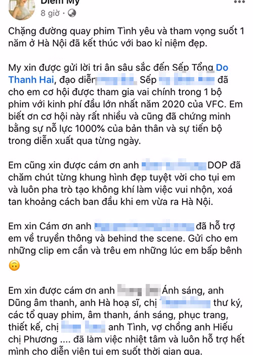 Diễm My từng không nhắc đến Nhan Phúc Vinh trong bài cảm ơn sau khi hoàn thành cảnh quay cuối cùng. Ảnh: Tiền Phong