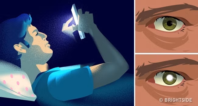 3. Thói quen dùng điện thoại thông minh trước khi đi ngủ: Ánh sáng nhân tạo vào ban đêm làm giảm sự sản xuất hóc môn melatonin điều hòa giấc ngủ và sự tỉnh táo. Khi mức melatonin xuống thấp có thể dẫn đến trầm cảm, ung thư, béo phì, bệnh tim mạch và suy giảm hệ thống miễn dịch. Do đó ngủ sớm và tránh xa điện thoại trước giờ đi ngủ là một lựa chọn hợp lý để cải thiện sức khỏe của bạn. Ảnh: Brightside.
