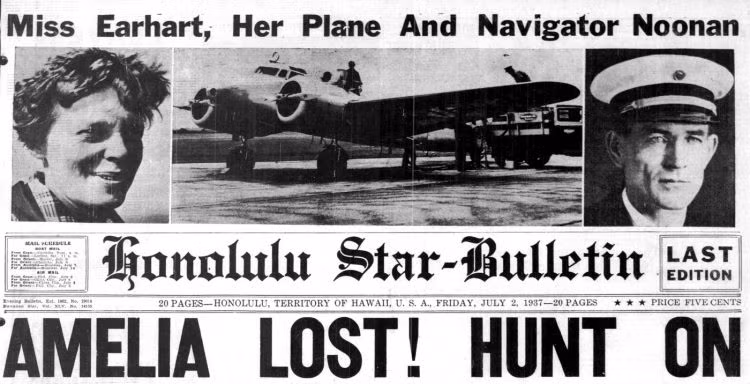 Khi ấy, Earhart điều khiển máy bay Lockheed Model 10 Electra. Đồng hành cùng bà là hoa tiêu Fred Noonan.
