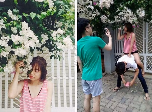 Chụp ảnh với giàn hoa giấy ở trên cao, người mẫu quá thấp không thể với tới... Không thành vấn đề! Chỉ cần sự trợ giúp của một chàng trai, cùng với việc chọn góc ảnh che lấp toàn bộ phần bên dưới, cô gái đã có được một bức ảnh vô cùng ưng ý.
