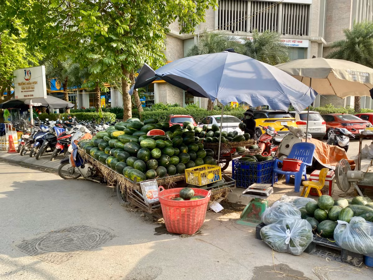 Ngoài việc ngang nhiên chiếm dụng vỉa hè, nhiều cửa hàng, người bán hàng rong còn bày bán tràn lan cả trên lòng, lề đường.