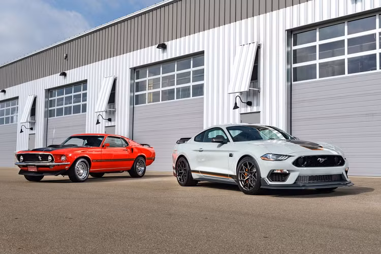 Mustang Mach 1 sở hữu vẻ ngoài độc đáo hơn so với các phiên bản khác. Nổi bật nhất là bộ lưới tản nhiệt đặc trưng dạng mắt cáo nhỏ thiết kế 3D, với chi tiết giả đèn trợ sáng nằm về 2 bên cùng logo Mustang nằm ở giữa. Cản trước được thiết kế với hốc gió khí động học lớn hơn, đồng thời tích hợp đèn sương mù. Cản sau được tinh chỉnh lại với bộ ống xả kép nằm về 2 bên thân xe mạ chrome sáng bóng. Nắp khoang hành lý cũng được tích hợp cánh gió khí động học kích nhỏ.