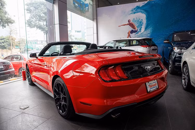 Đuôi xe Ford Mustang mui trần nổi bật nhờ cụm đèn hậu với thiết kế 3 dải LED ấn tượng được nối liền bởi dải nhựa sơn đen bóng có logo ở trung tâm. Ống xả đôi xuất hiện trên Ford Mustang Convertible 2020 kèm đèn phản quang kết hợp với hệ thống cản sau góc cạnh. Mẫu xe mui trần này vẫn được thiết kế với đèn phanh trên cao, camera/cảm biến lùi đều được trang bị đầy đủ.