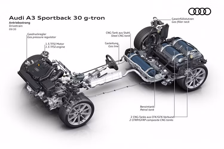 Ngoài động cơ sử dụng nhiên liệu sinh học và CNG, Audi A3 Sportback 30 g-tron vẫn có vẻ ngoài giống với những phiên bản A3 Sportback khác. Xe vẫn sở hữu ngoại thất có thiết kế đậm chất thể thao, nổi bật nhất vẫn là thiết kế lưới tản nhiệt Singleframe, thiết kế theo hình lục giác đặc trưng của các dòng xe Audi. Chạy dọc thân xe là những đường gân dập nổi thể thao kéo dài từ cụm đèn pha đến cụm đèn hậu.