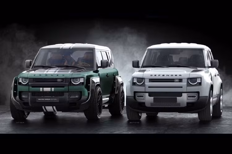 Defender được sơn lại trong màu xanh lục lấy cảm hứng từ màu Racing Green đặc trưng của xe đua Anh, kết hợp với các sọc trắng trải dài thân xe được hoàn thiện thủ công. Chiếc Land Rover Defende độ Carlex Design tiếp tục được tăng cường sự cơ bắp với các vòm bánh xe mở rộng làm từ sợi carbon và bộ mâm sơn đen "hàng thửa".