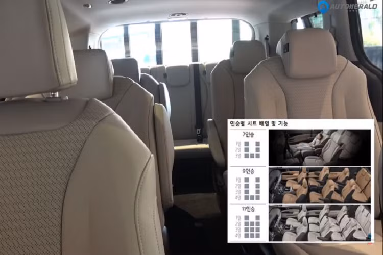 Chiếc Sedona tại sự kiện có màu sơn trắng kết hợp cùng nhiều chi tiết màu đen như các cột A, B và viền cửa sổ. Xe được trang bị mâm nhôm hai tông không rõ kích thước 17, 18 hay 19 inch. Xe có nội thất màu be ấm áp và sang trọng, đây là một chiếc Sedona 2021 cấu hình 4 hàng ghế, cung cấp chỗ ngồi cho 9 người, với ba hàng ghế đầu kiểu ghế độc lập và hàng cuối là băng ghế.