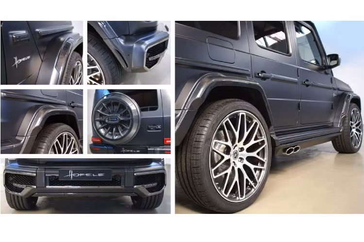 Về ngoại thất, mẫu xe SUV huyền thoại của Mercedes được trang bị cản trước mới được mạ chrome tối màu dọc theo các đường viền, chắn bùn và ốp vòm bánh xe bằng carbon, đèn trợ sáng trên nóc xe. 