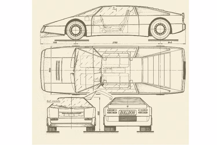 Được thiết kế bởi Willams Towns, chiếc xe cổ Aston Martin Bulldog 1980 này sở hữu thiết kế với những đường nét góc cạnh một cách mạnh mẽ và liền mạch. Ở thời điểm ra mắt, nó có phần giống với Lamborghini Countach và cũng mang hơi hướng tương lai hơn so với lúc đó.
