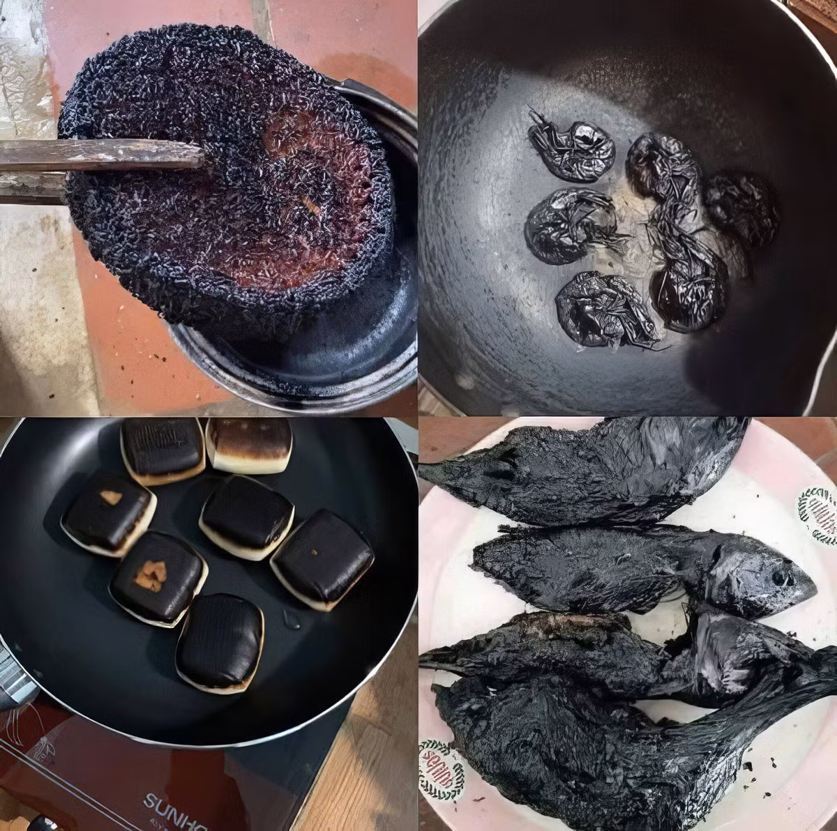 Những món ăn chiên – tưởng chừng đơn giản nhưng lại bị biến thành một miếng than cháy đen, đến mức khó ai có thể nhận ra nguyên bản.