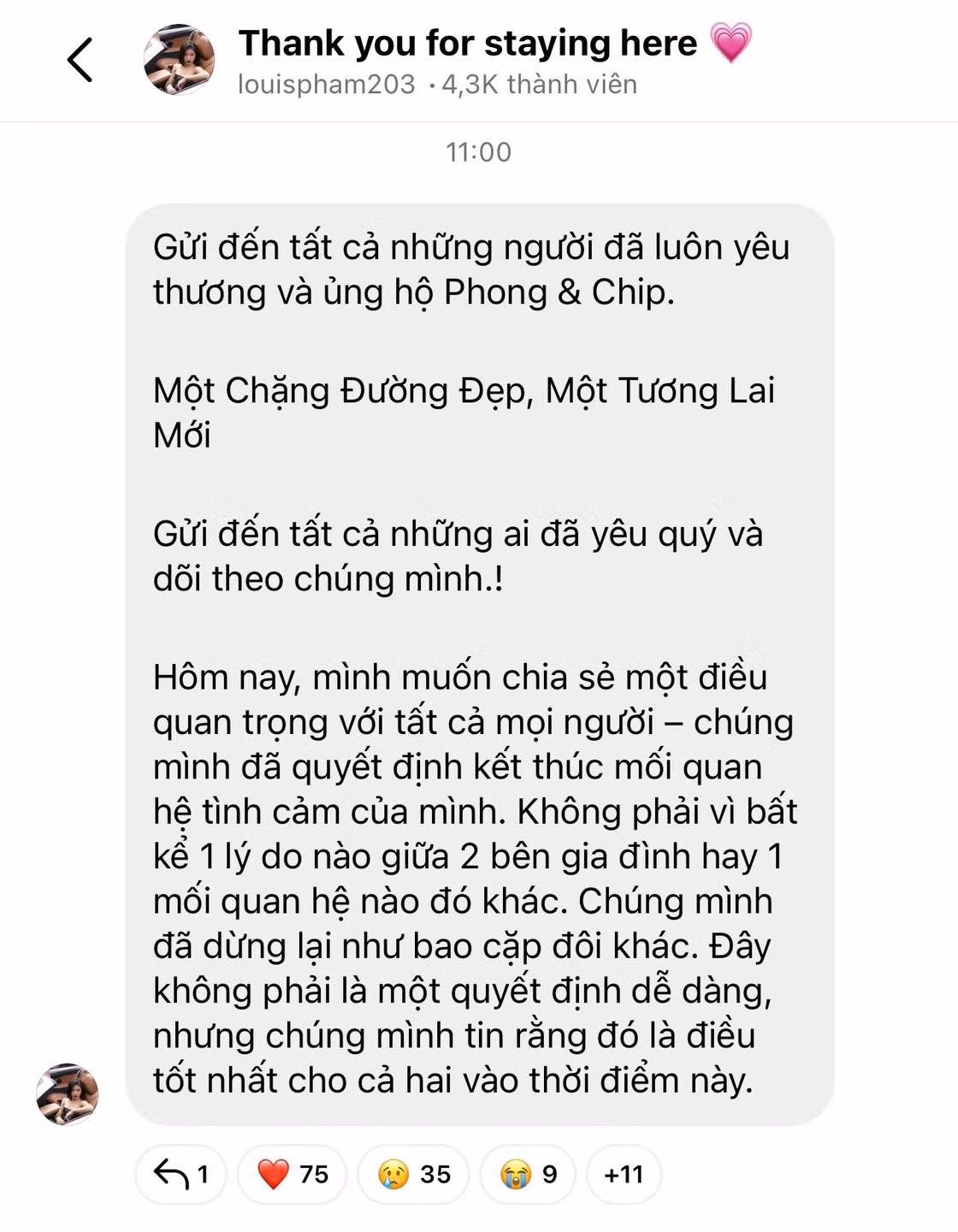 Cô nàng xác nhận thông tin đã chia tay Paul Lê và chia sẻ về lý do cả hai quyết định dừng lại mối quan hệ yêu đương. "Gửi đến tất cả những người đã luôn yêu thương và ủng hộ Phong &amp; Chip. Gửi đến tất cả những ai đã yêu quý và dõi theo chúng mình! Hôm nay, mình muốn chia sẻ một điều quan trọng với tất cả mọi người – chúng mình đã quyết định kết thúc mối quan hệ tình cảm của mình.