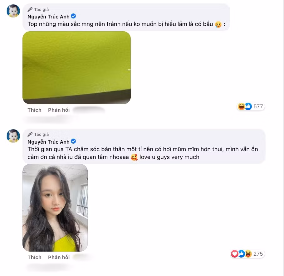 Ngay khi những xôn xao của cộng đồng mạng về ngoại hình nhất là vòng hai bất thường của Trúc Anh, nữ diễn viên đã nhanh chóng đính chính: "Thời gian qua Trúc Anh chăm sóc bản thân một tí nên hơi mũm mĩm hơn, mình vẫn ổn không có vấn đề gì đâu ạ. Cảm ơn mọi người đã quan tâm Trúc Anh thật nhiều nha".