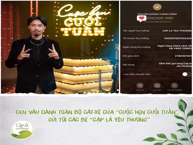 Đen Vâu có không ít hành động ghi điểm. Tháng 2/2023, ê-kíp Cặp lá yêu thương cho biết, Đen Vâu đã chuyển toàn bộ cát-sê của anh nhận được sau khi tham gia Cuộc hẹn cuối tuần cho các em nhỏ trong Cặp lá yêu thương, với lời chúc: "Chúc các bạn nhỏ Cặp lá yêu thương chăm ngoan học giỏi". Ảnh: Thương hiệu và pháp luật