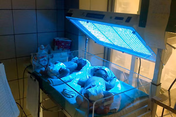 Đèn chiếu được coi là phương pháp điều trị hiệu quả và an toàn nhất cho bé. Trẻ có thể được đặt dưới ánh sáng đặc biệt mà phát ra ánh sáng trong quang phổ màu xanh - màu xanh lá cây. Ánh sáng thay đổi hình dạng và cấu trúc của phân tử bilirubin dưới da của bé. Ánh sáng không phải là một ánh sáng cực tím, và sẽ có một lá chắn nhựa bảo vệ bất cứ ánh sáng cực tím có thể được phát ra gây hại cho bé.