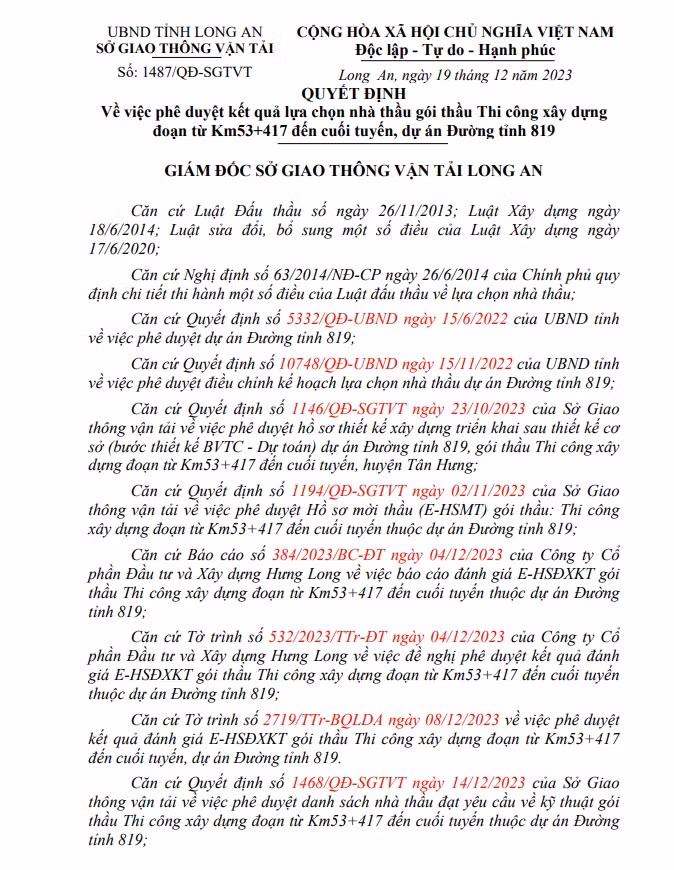 Long An: 2 goi thau thi cong du an DT 819 ve tay Cty Binh Trang