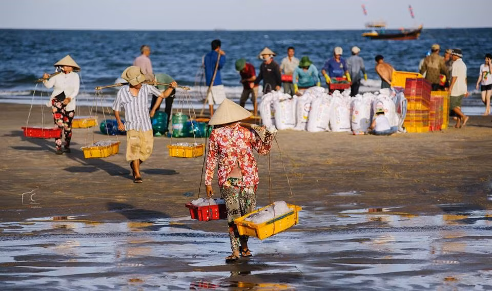 Rất nhiều tiểu thương cũng đến bến tàu, mua cá, gánh ra chợ bán.