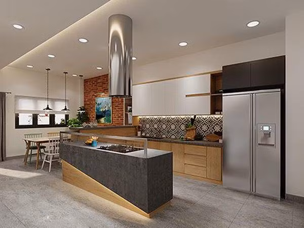 Khu vực bếp và nấu nướng được dồn lên tầng 2 bố trí gọn gàng và tiện lợi trong việc di chuyển.