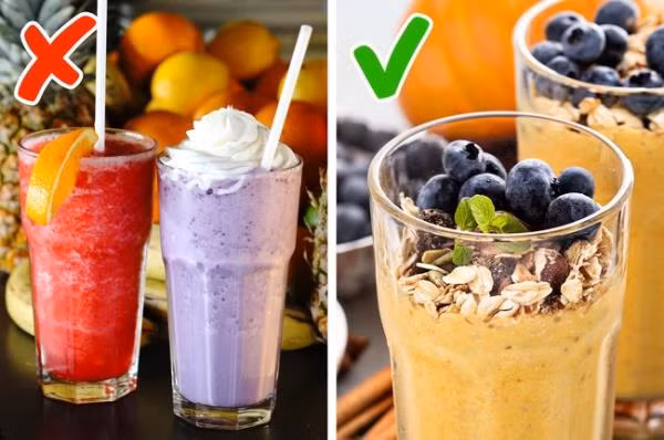 Sinh tố: Sinh tố trái cây và rau quả thường được thêm một chút kem hoặc đường cho dễ uống. Đây là nguyên nhân bạn không nên dùng nó cho bữa sáng để không bị tăng đường huyết trong máu. Ngoài ra, bạn cũng không dùng cam, xoài hoặc chuối vào buổi sáng.