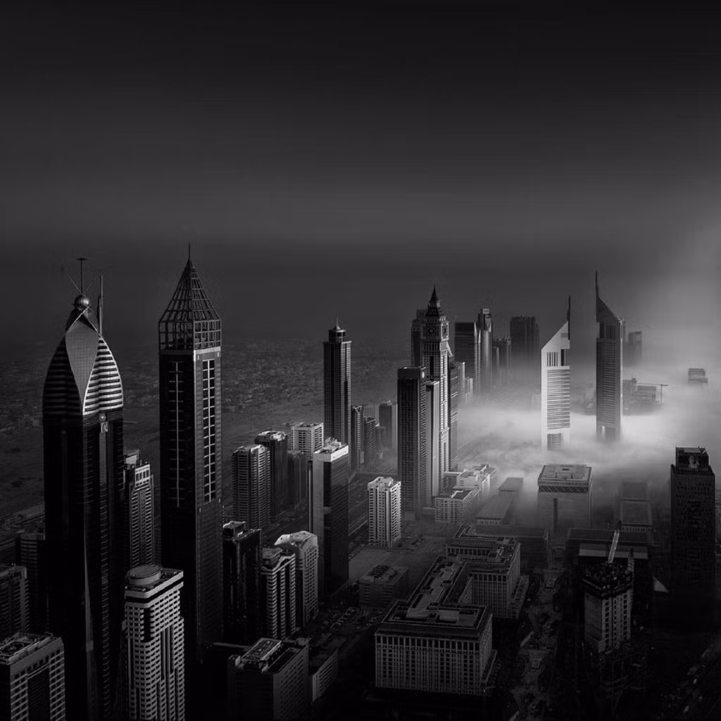 Sasidharan tập trung chủ yếu vào các tòa nhà chọc trời và nét kiến trúc độc đáo của Dubai. Tòa tháp Emirates bị che mờ bởi màn sương.