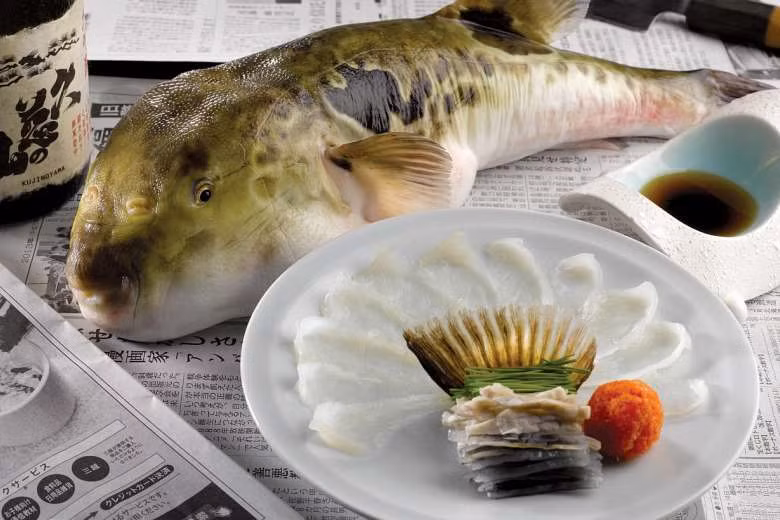 Cá nóc (hay Fugu) được biết đến là loài cá có nọc độc đủ giết chết một người trưởng thành. Để làm thành công món ăn này, các đầu bếp phải trải qua khóa đào tạo đặc biệt để học cách chế biến cá đúng cách. Món hải sản được phát minh ở Nhật Bản và được bán với mức giá cao ngất ngưởng là 280 USD. Ảnh: Straitstimes.com.