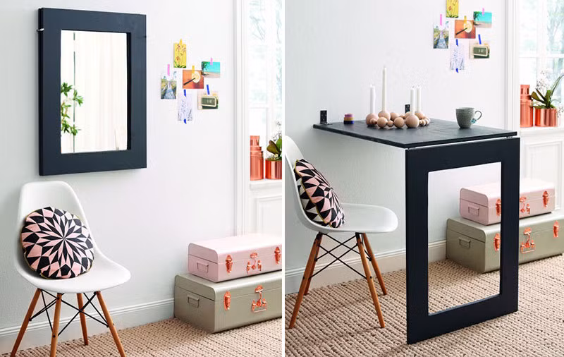 Nếu nhà ít người, mẫu bàn ăn liền tường sẽ được thiết kế nhỏ gọn, tối giản hơn. Chỉ cần kéo thanh gỗ xuống, dựng phần chân bàn, thêm chiếc ghế xinh xắn là đủ để tạo không gian ăn uống tiện lợi.