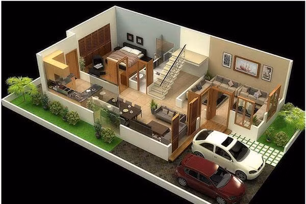 Mẫu nhà cấp 4 có gác lửng được thiết kế với diện tích 70m2 vì thế không gian vô cùng rộng rãi giúp cho việc sinh hoạt của các thành viên trong gia đình trở nên dễ dàng hơn. Xung quanh nhà là dải vườn nhỏ để bố trí những cây cối và là không gian vui chơi của trẻ con.