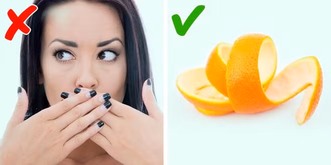 Nhai vỏ trái cây có múi: Bạn có thể nhai một loại trái cây có múi như chanh hoặc cam. Nó không chỉ mang lại sự tươi mát cho hơi thở mà axit citric trong đó còn kích thích sản xuất nước bọt nhiều hơn. Điều này giúp ngăn ngừa hôi miệng và loại bỏ mảng bám gây sâu răng.