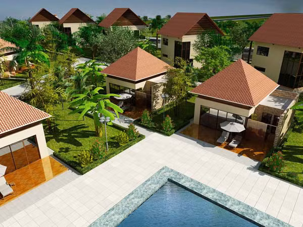 Khu biệt thự cao cấp này được xây dựng trên diện tích 80.000 m2, có 91 căn biệt thự cao cấp và các công trình dịch vụ phục vụ hỗ trợ như: nhà tiếp đón, nhà hàng, sân tennis, công viên cây xanh, bể bơi… Ảnh phối cảnh tổng thể dự án: GTT.
