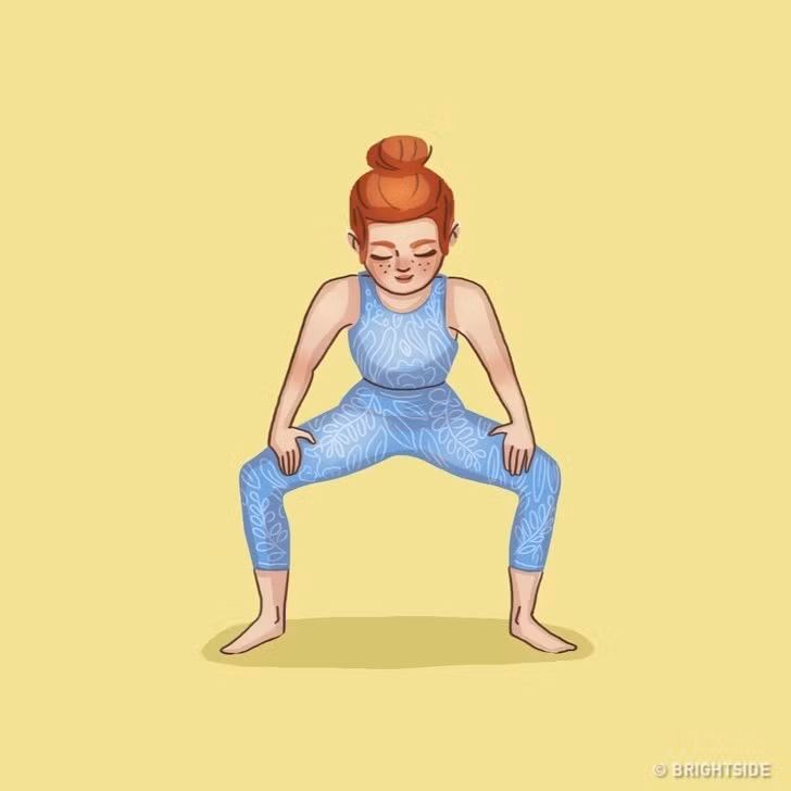  Tư thế dang rộng chân Đứng với hai chân rộng. Chĩa hai bàn chân ra ngoài. Giữ lưng thẳng, bụng uốn cong và chóng 2 tay lên đùi. Thở ra và từ từ di chuyển như thể bạn sắp ngồi xuống ghế. Giữ tư thế này trong 30 giây. 